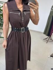 Ms 161 A. Kahve Poplin Kemerli Kolsuz Elbise