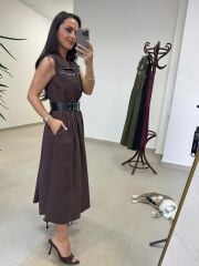 Ms 161 A. Kahve Poplin Kemerli Kolsuz Elbise