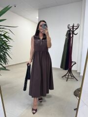 Ms 161 A. Kahve Poplin Kemerli Kolsuz Elbise