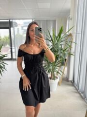 Ms 2099 Siyah Gipe Detaylı Poplin Elbise