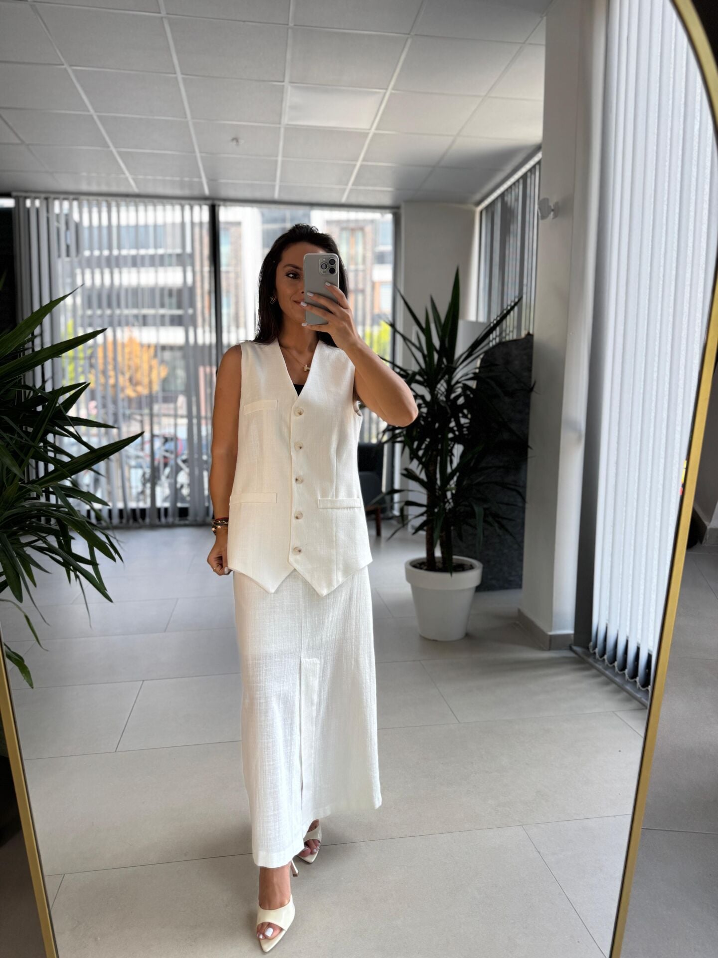 Wr Ekru Yelekli  Etek Keten Takım