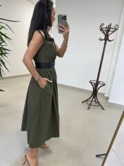 Ms 161 Haki Poplin Kemerli Kolsuz Elbise