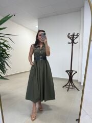 Ms 161 Haki Poplin Kemerli Kolsuz Elbise