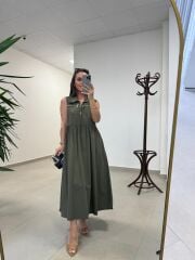 Ms 161 Haki Poplin Kemerli Kolsuz Elbise