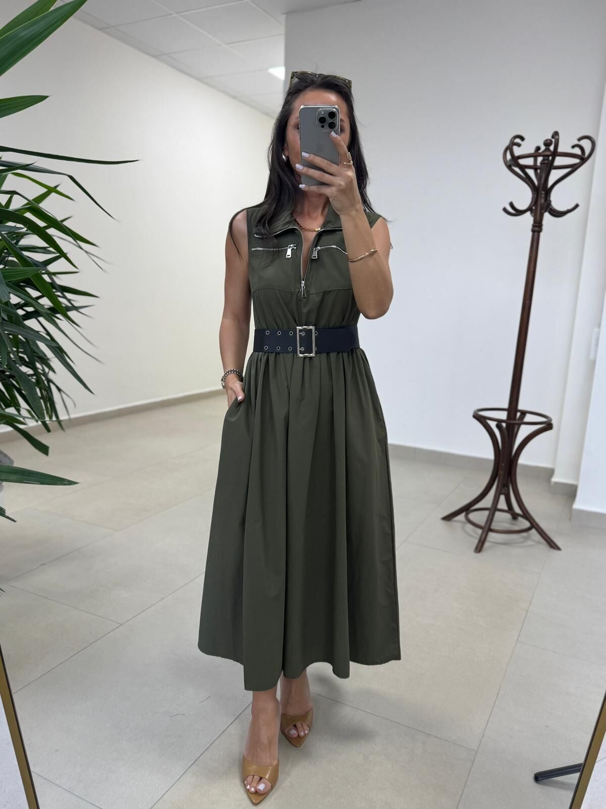 Ms 161 Haki Poplin Kemerli Kolsuz Elbise