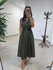 Ms 161 Haki Poplin Kemerli Kolsuz Elbise