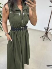 Ms 161 Haki Poplin Kemerli Kolsuz Elbise