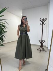 Ms 161 Haki Poplin Kemerli Kolsuz Elbise