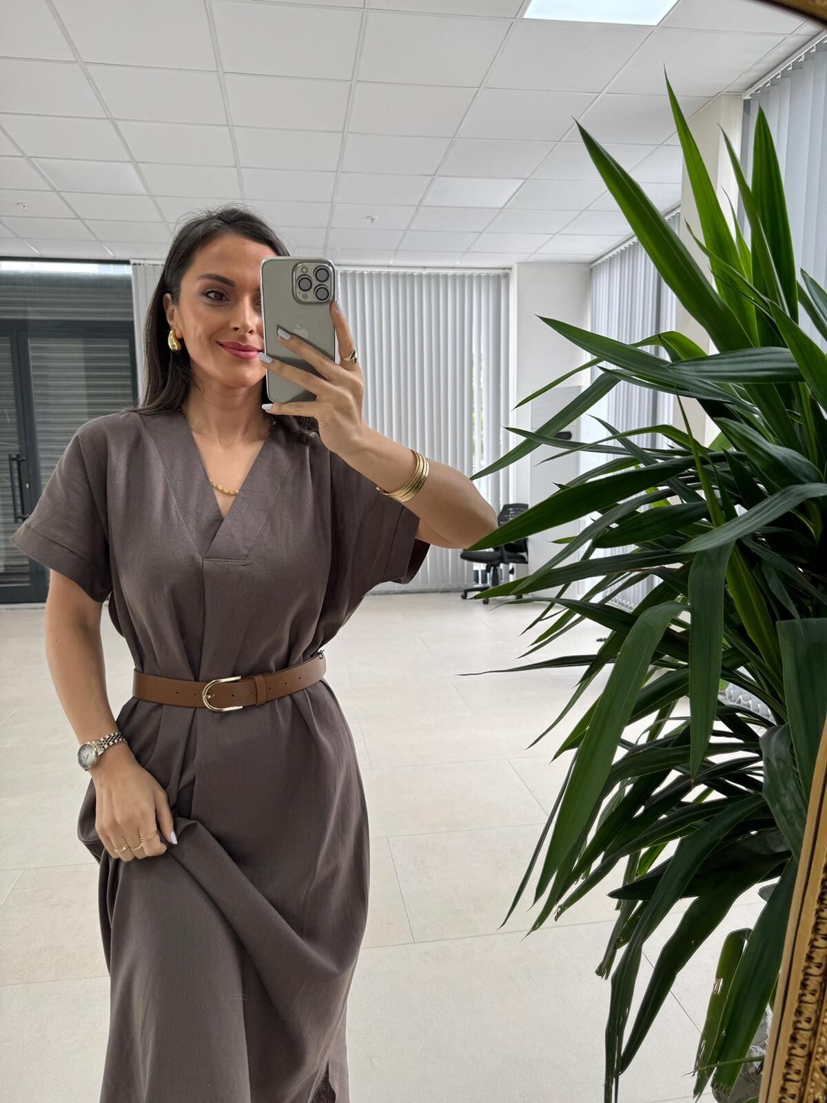 Fp 3414 Kendinden Kemerli Kahve Keten Elbise