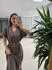 Fp 3414 Kendinden Kemerli Kahve Keten Elbise