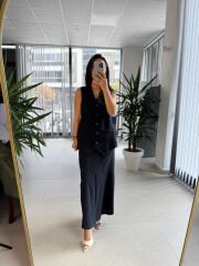 Wr Siyah Yelekli  Etek Keten Takım