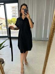 Siyah Cep Kapaklı Poplin Elbise