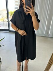 Siyah Cep Kapaklı Poplin Elbise