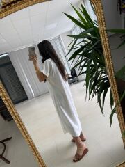 Fp 3414 Kendinden Kemerl Naturel Keten Elbise