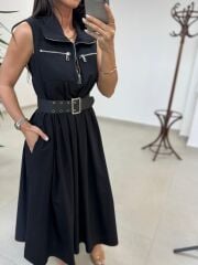 Ms 161 Siyah Poplin Kemerli Kolsuz Elbise