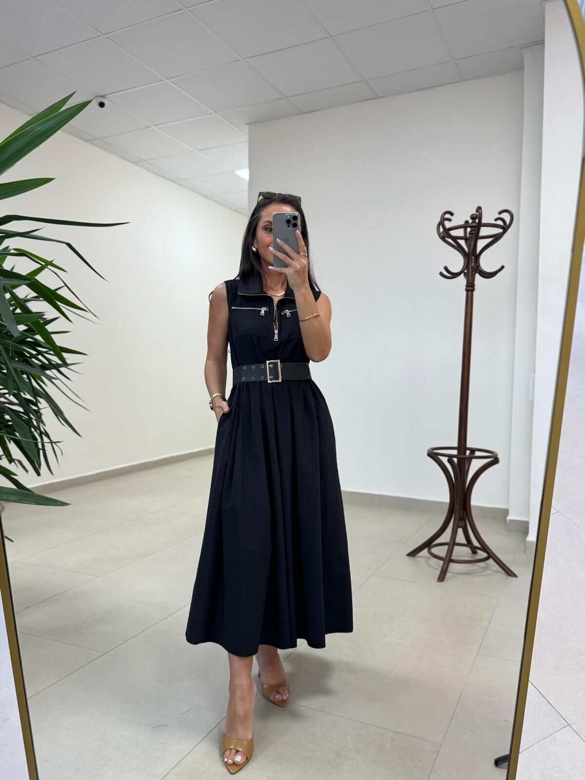 Ms 161 Siyah Poplin Kemerli Kolsuz Elbise