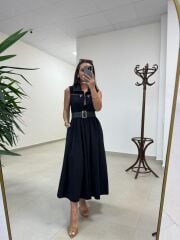 Ms 161 Siyah Poplin Kemerli Kolsuz Elbise