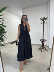 Ms 161 Siyah Poplin Kemerli Kolsuz Elbise