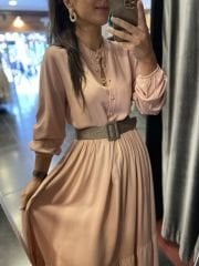 Pudra Pembe düğmeli uzun elbise