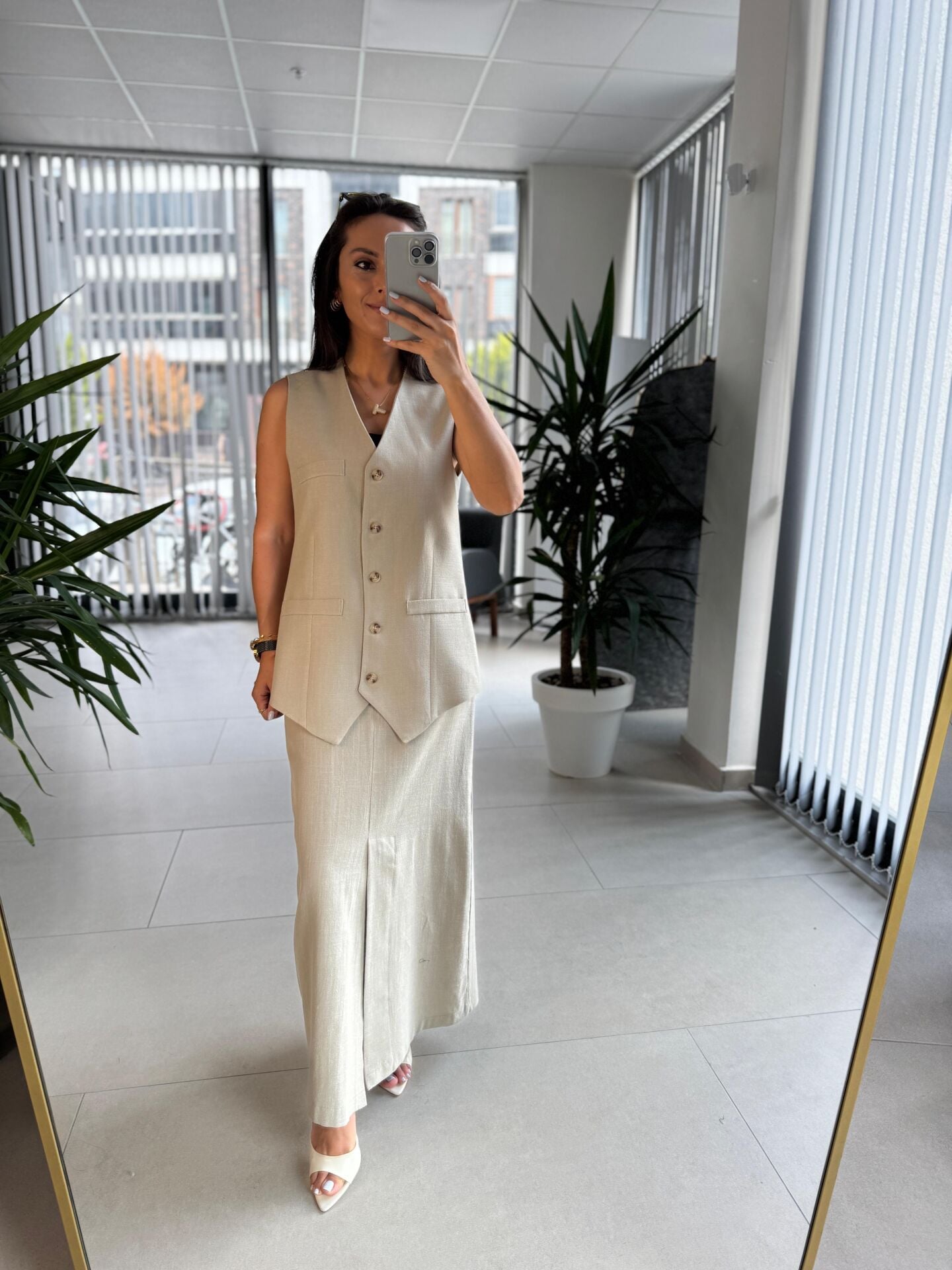 Wr Su Yeşili Yelekli  Etek Keten Takım