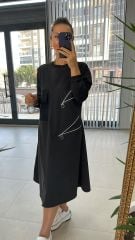 Dr 2458 Midi boy fermuar detaylı siyah elbise