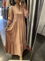 Pudra Pembe düğmeli uzun elbise