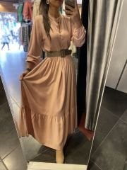 Pudra Pembe düğmeli uzun elbise