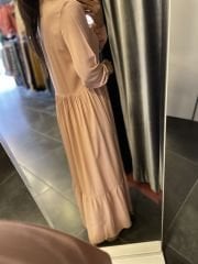 Pudra Pembe düğmeli uzun elbise