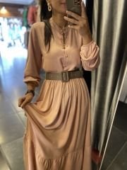 Pudra Pembe düğmeli uzun elbise