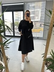 Dr 2458 Midi boy fermuar detaylı siyah elbise
