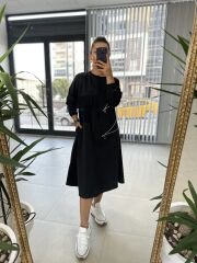 Dr 2458 Midi boy fermuar detaylı siyah elbise