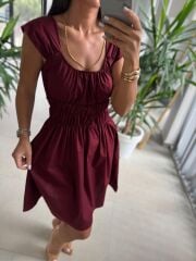 Ms 2099 Bordo Gipe Detaylı Poplin Elbise