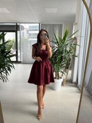 Ms 2099 Bordo Gipe Detaylı Poplin Elbise