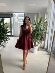 Ms 2099 Bordo Gipe Detaylı Poplin Elbise