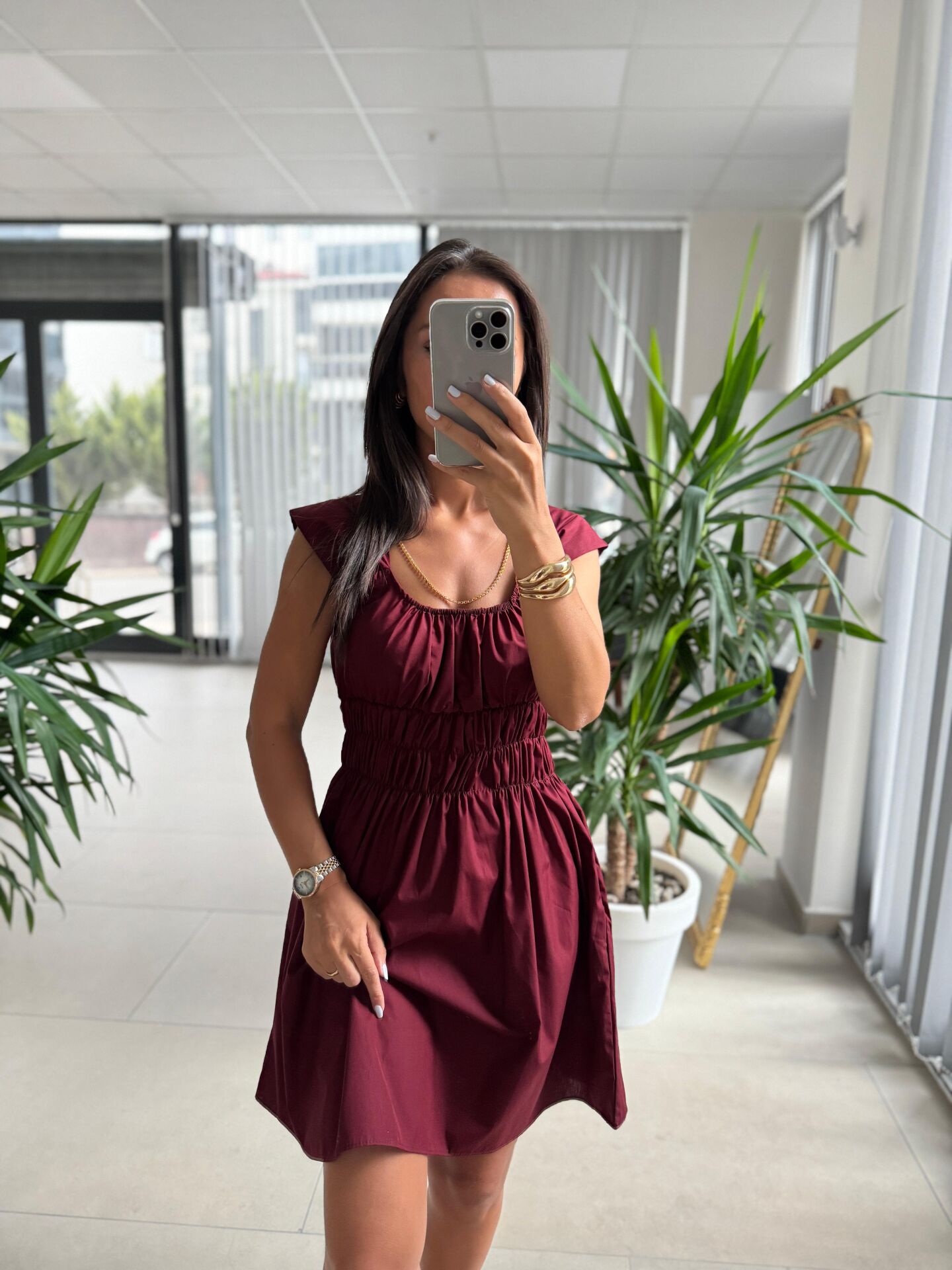 Ms 2099 Bordo Gipe Detaylı Poplin Elbise