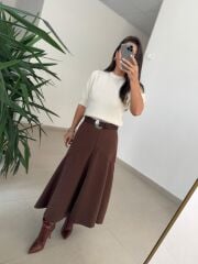 DV 80433 Dikiş Detaylı Kahve Denim Etek