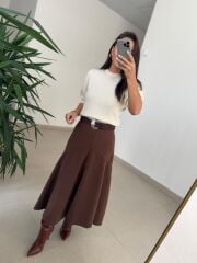 DV 80433 Dikiş Detaylı Kahve Denim Etek