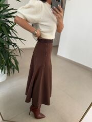 DV 80433 Dikiş Detaylı Kahve Denim Etek