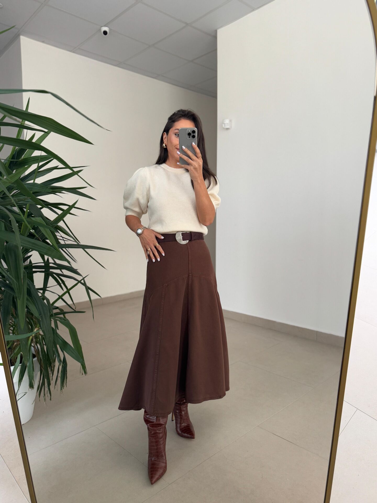 DV 80433 Dikiş Detaylı Kahve Denim Etek