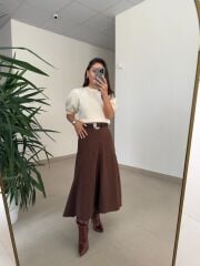 DV 80433 Dikiş Detaylı Kahve Denim Etek