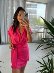 Mc 5870 Floş Keten Pembe Gömlek Elbise