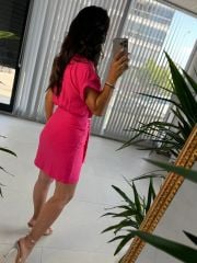Mc 5870 Floş Keten Pembe Gömlek Elbise