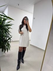 Bb 29166 Simli  Çima Dikişli Bej Triko Elbise