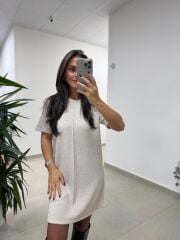 Bb 29166 Simli  Çima Dikişli Bej Triko Elbise