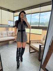 Ky 34456 Gabardin Garnili Yeşil-Siyah Tüvit Elbise