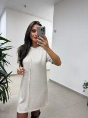 Bb 29166 Simli  Çima Dikişli Bej Triko Elbise