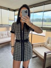 Ky 34456 Gabardin Garnili Yeşil-Siyah Tüvit Elbise