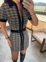 Ky 34456 Gabardin Garnili Yeşil-Siyah Tüvit Elbise