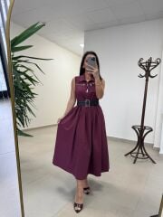 Ms 161 Bordo Poplin Kemerli Kolsuz Elbise