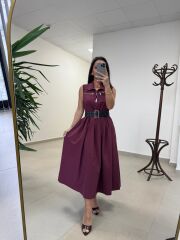 Ms 161 Bordo Poplin Kemerli Kolsuz Elbise